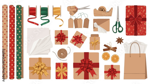Christmas gift wrapping supplies and presents set.