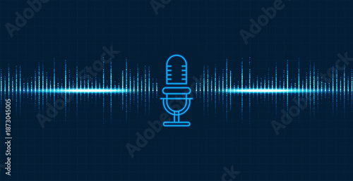 Glowing neon microphone with dynamic audio waveform and particle sound signals on dark blue grid background, representing voice recording podcast broadcasting and modern digital audio technology.