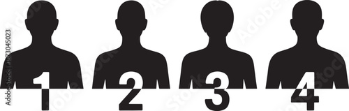 Numbered human bust silhouettes, from one to four, represent a sequential process, steps in a task, or a small team structure.