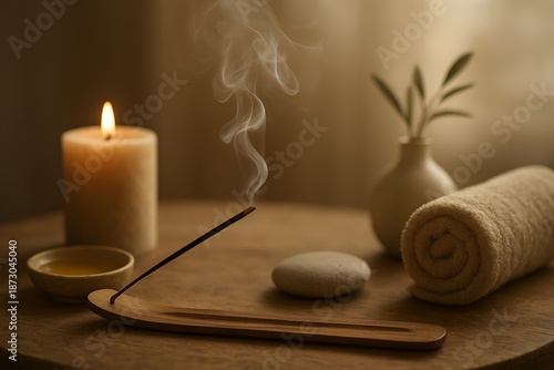 Burning incense stick and flickering candle with spa objects on a wooden table for relaxation and wellness concept with warm light