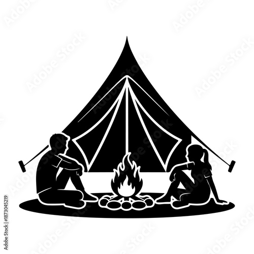 Couple sitting by a campfire in front of a tent silhouette Vector