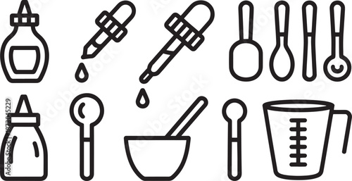 A set of black line icons displays different types of liquid dispensing containers, measuring spoons, a mortar, and a graduated beaker for food or science.