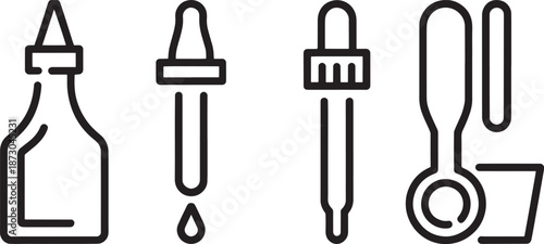 Various kitchen measuring tools including droppers, spoons, a mixing bowl, and a liquid measuring cup are shown in a minimal line art style.