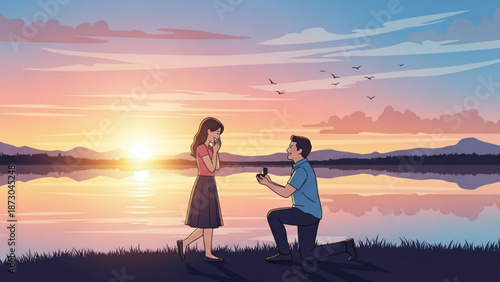 Man Proposing to Woman by the Lake at Sunset