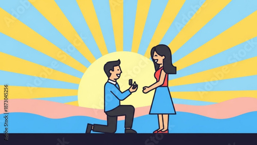 Man Proposing to Woman on One Knee during Sunset Illustration