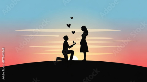 Man Proposing to Woman on Hill during Sunset with Hearts