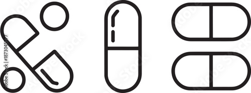 Various medical capsules and pills are depicted as clean, simple outline icons, ideal for pharmaceutical and healthcare design projects.