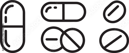 A comprehensive set of six black outline icons illustrates various forms of medical tablets and capsules, suitable for health-related digital interfaces.