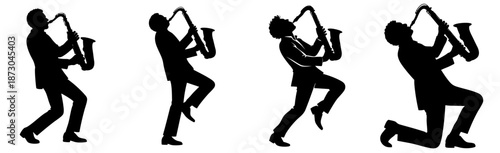 Saxophone player silhouettes set, jazz musicians performance poses