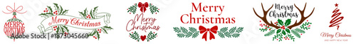 Christmas Decorative Greenery Ornaments and Holiday Quotes Set with Pine Branches, Holly Leaves, Berries, Reindeer Antlers and Merry Christmas Lettering