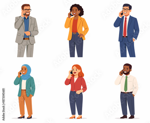 Dynamic moments where professionals in formal clothes communicate with their phones.