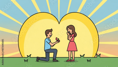 Man Proposing to Woman on One Knee in Front of Heart Shaped Sun