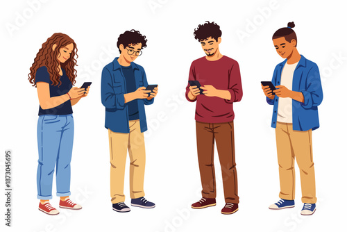 Scene where young people focus on their phones and spend time with different poses.