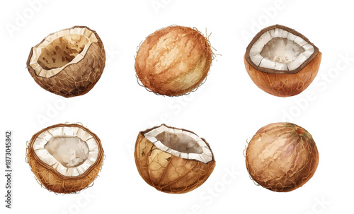 set of watercolor coconut variant style different. tropical fruit