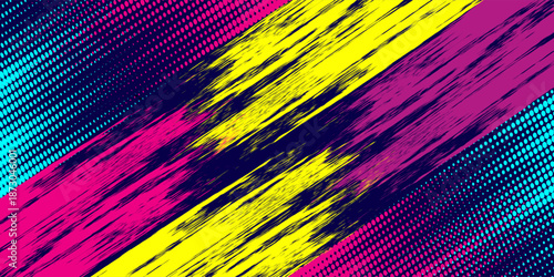 Bold Sport Background with Neon Pink, Blue and Yellow Colors Brush Strokes in a Graffiti Style. Vibrant Sporty Abstract Background with Grunge Texture Design Elements