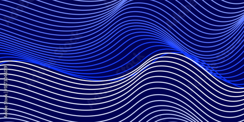 water wave shape on blue background, Flowing dot particle light wave pattern, blue and white gradient halftone. Vector in technology, science, music, modern art.