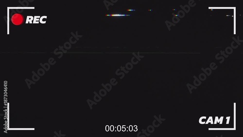 CCTV recording interface overlay with glitch effect, icons on a pure black background. surveillance camera footage, security system visuals, or digital monitoring effects. CAM 1.