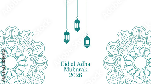 Eid al adha mubarak 2026 greeting card with traditional lanterns and decorative mandala patterns isolated on white background