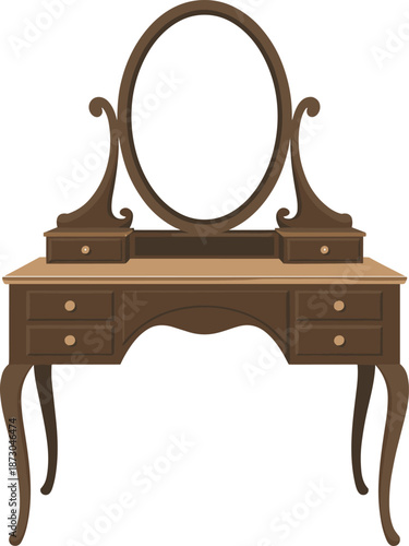 Vintage vanity table, wooden furniture, oval mirror, antique drawers, bedroom decor, dressing table, ornate compartments, elegant design, classic style, interior