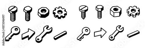 Vector of mechanical parts as nuts, screws, gears, key and wrench isolated on white background for engineering
