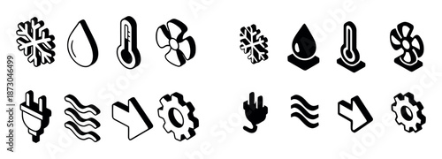 Vector of temperature regulation, hvac system and climate control with fan, thermostat, plug on isolated white