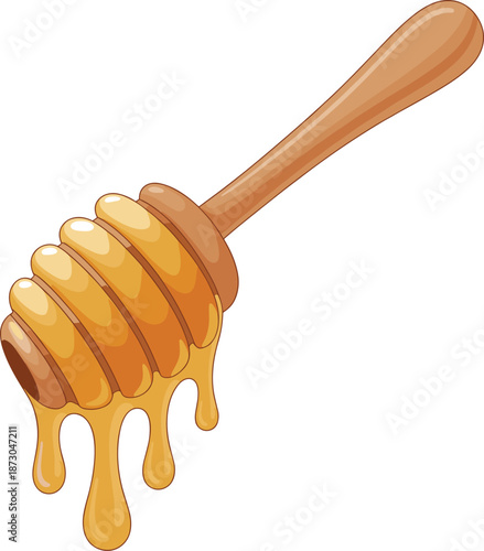 Wooden honey dipper with dripping honey, spiral grooves, golden texture, kitchen tool, sweet ingredient, natural food, culinary, organic, sticky