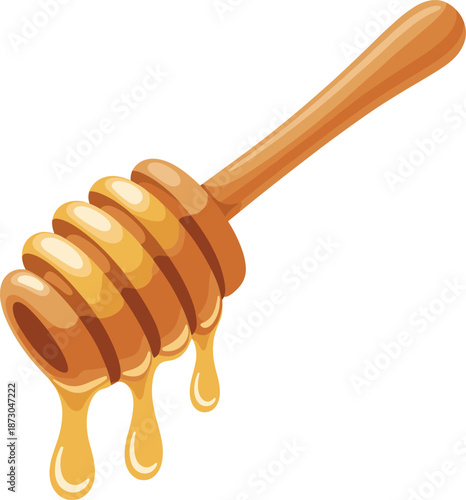 Wooden honey dipper with dripping honey, spiral grooves, golden syrup, sweet kitchen tool, natural food, organic ingredient, sticky texture, culinary use