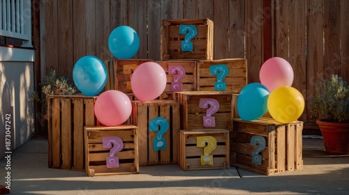 Wooden crates with question marks and colorful balloons, hinting at a gender reveal