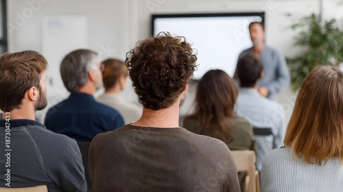 A diverse group of people attend a business presentation or meeting in a modern indoor setting