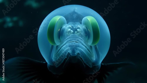 Deep Sea Fish With Large Transparent Head and Green Eyes.