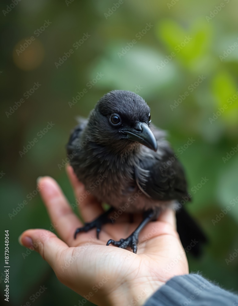 Fototapeta premium A small crow rests on a person hand. The bird dark feathers are visible. The photo demonstrates care compassion for wildlife. Animal avian concept. The focus is on the bird.