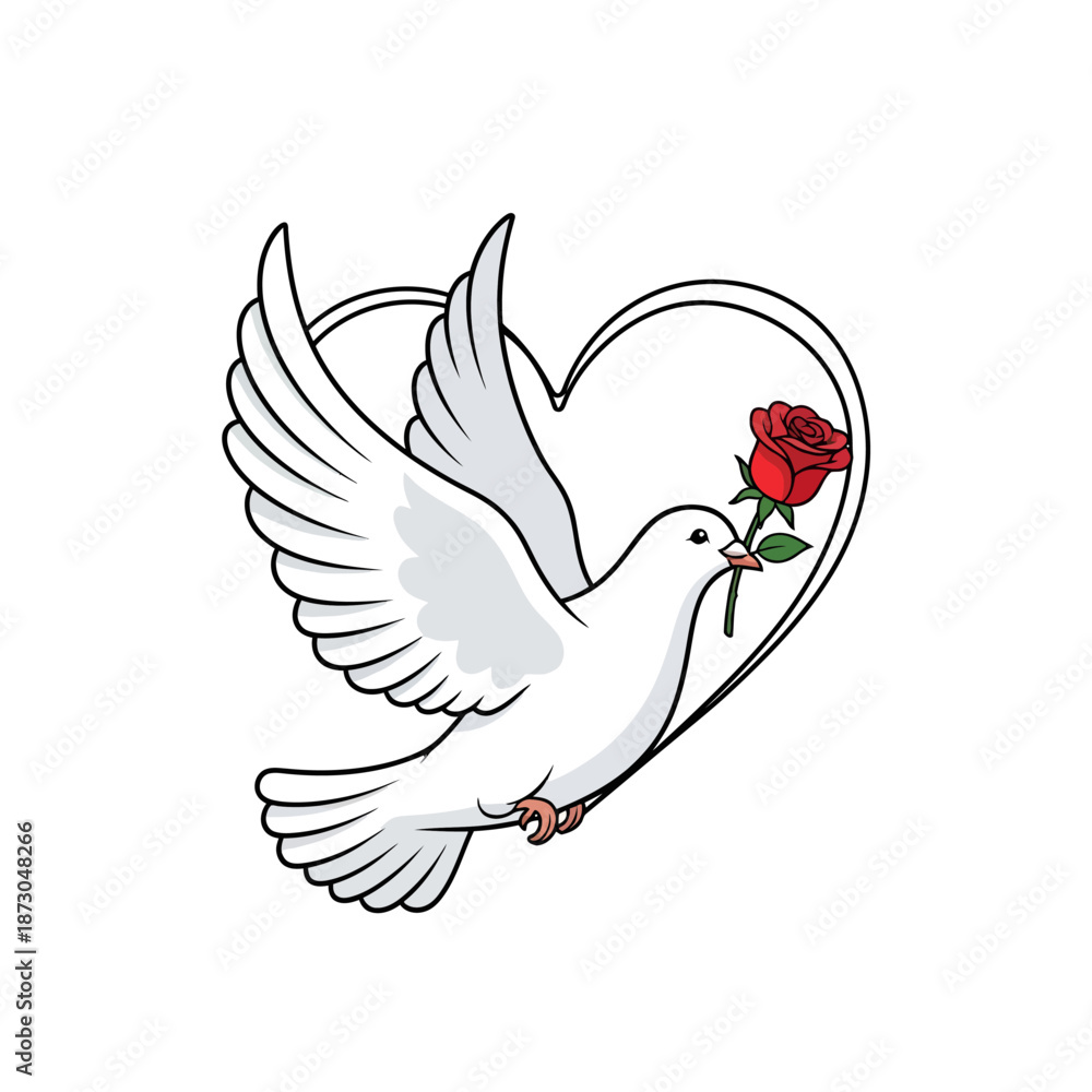 Fototapeta premium White Dove Flying With Red Rose And Heart Frame Vector Illustration