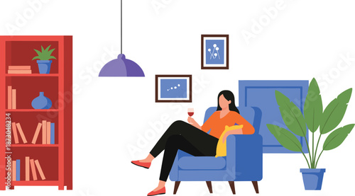 Woman Relaxing in Armchair at Home with Wine Cozy Living Room Interior Lifestyle Flat Vector Illustration