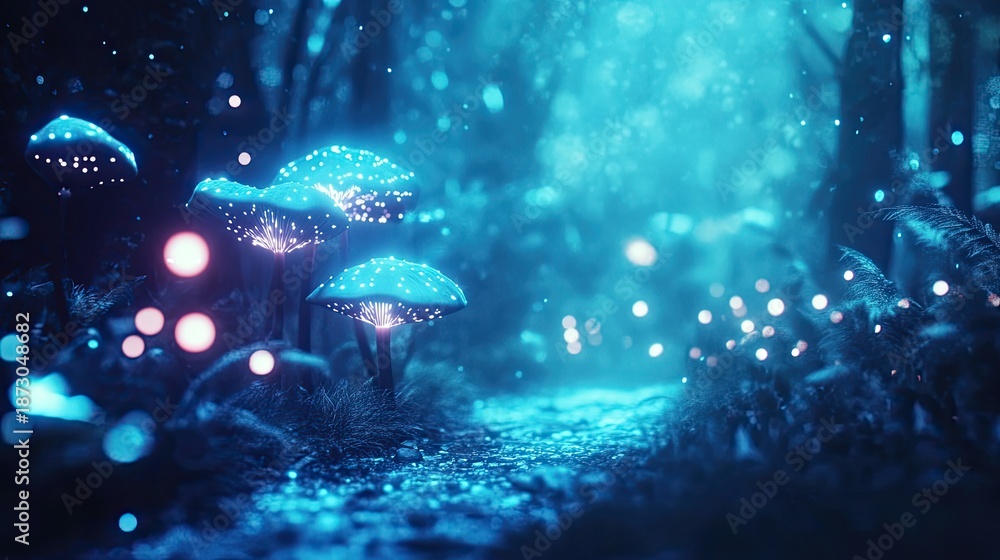 Fototapeta premium Enchanted Bioluminescent Forest Path with Glowing Mushrooms and Ethereal Bokeh Lights