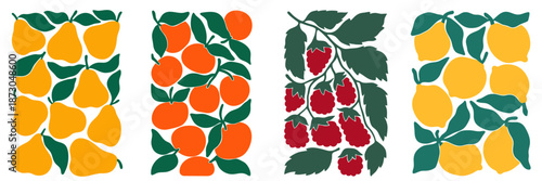 Fruit poster set for interior, decorative fruit compositions in rectangular layout, lemons pears mandarins raspberries wall art