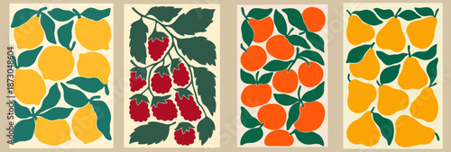 Set of modern fruit posters for interior decor, lemons, raspberries, mandarins and pears arranged in rectangular composition, decorative botanical wall art for home and studio