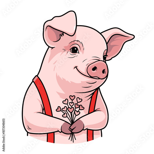 Cute Piglet Holding Heart Bouquet Valentine Vector Illustration 2026