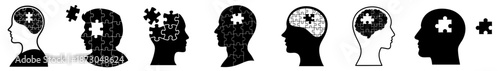 Human head silhouette set with brain puzzles inside, thinking process and mental health concept, psychology and creativity