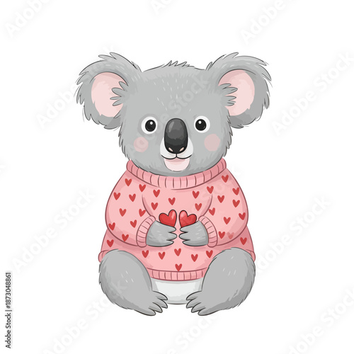 Cute Koala In Heart Sweater Holding Hearts Vector Illustration 2026
