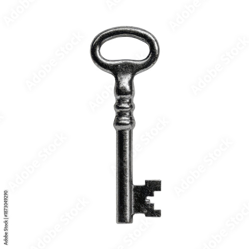 Antique silver metal skeleton key with ornate bow and bit on black image