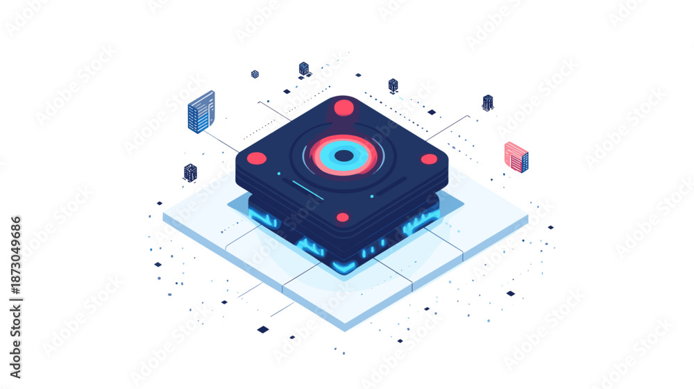 Fototapeta premium 3D Rendering of Microchip Processor with Neon Lights.