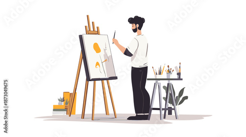 Artist Painting on Canvas with Brush.