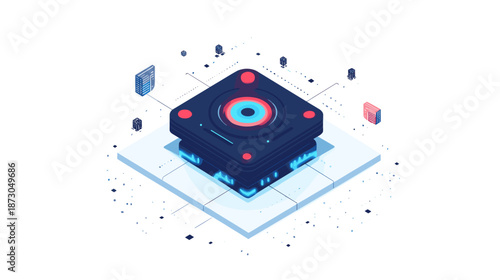 3D Rendering of Microchip Processor with Neon Lights.