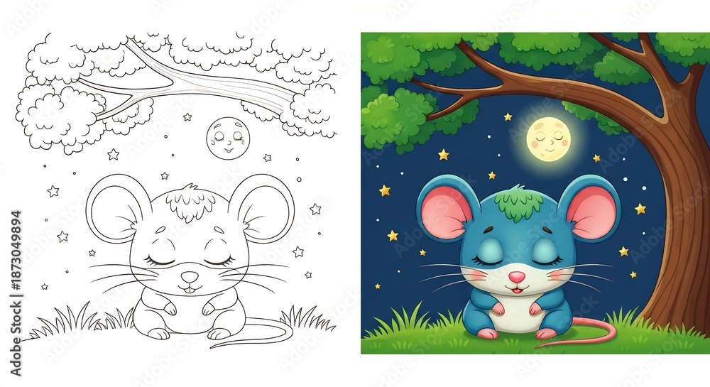 Fototapeta premium Sleepy mouse under starry night sky with tree