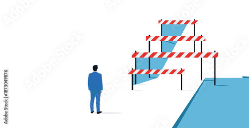 Business Challenge and Obstacle Concept with Man Facing Multiple Barriers and Blocked Path Flat Vector Illustration for Risk, Strategy, and Problem Solving Themes