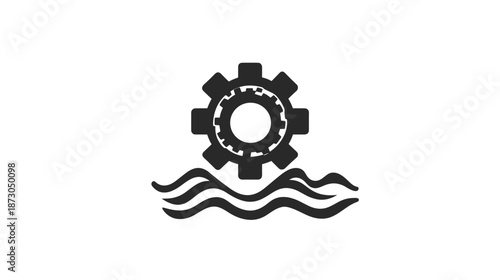 Black Gear Icon with Water Waves.