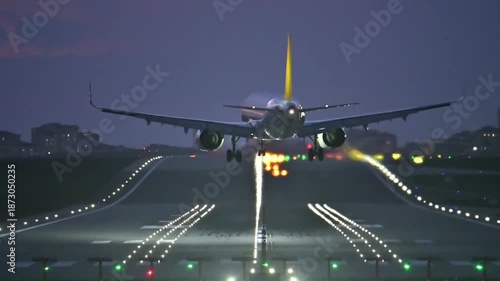 Commercial Twin-Engine Passenger Aircraft Landing in Strong Crosswinds at Night