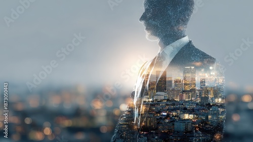 Double exposure of business theme hologram drawing and city veiw background. Concept of success