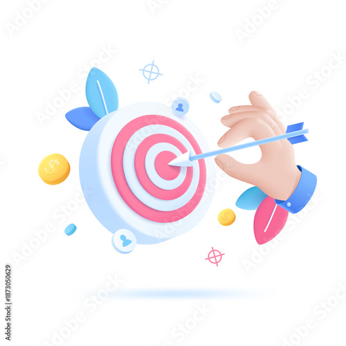3D cartoon vector illustration of a hand hitting the center of a target with an arrow. Falling coins and user icons around the target symbolize business success, audience reach, and financial growth.