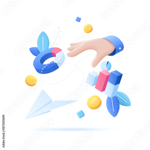 3D cartoon vector illustration of a hand launching a paper airplane, surrounded by charts and coins. This scene symbolizes business growth, financial success, and strategic planning